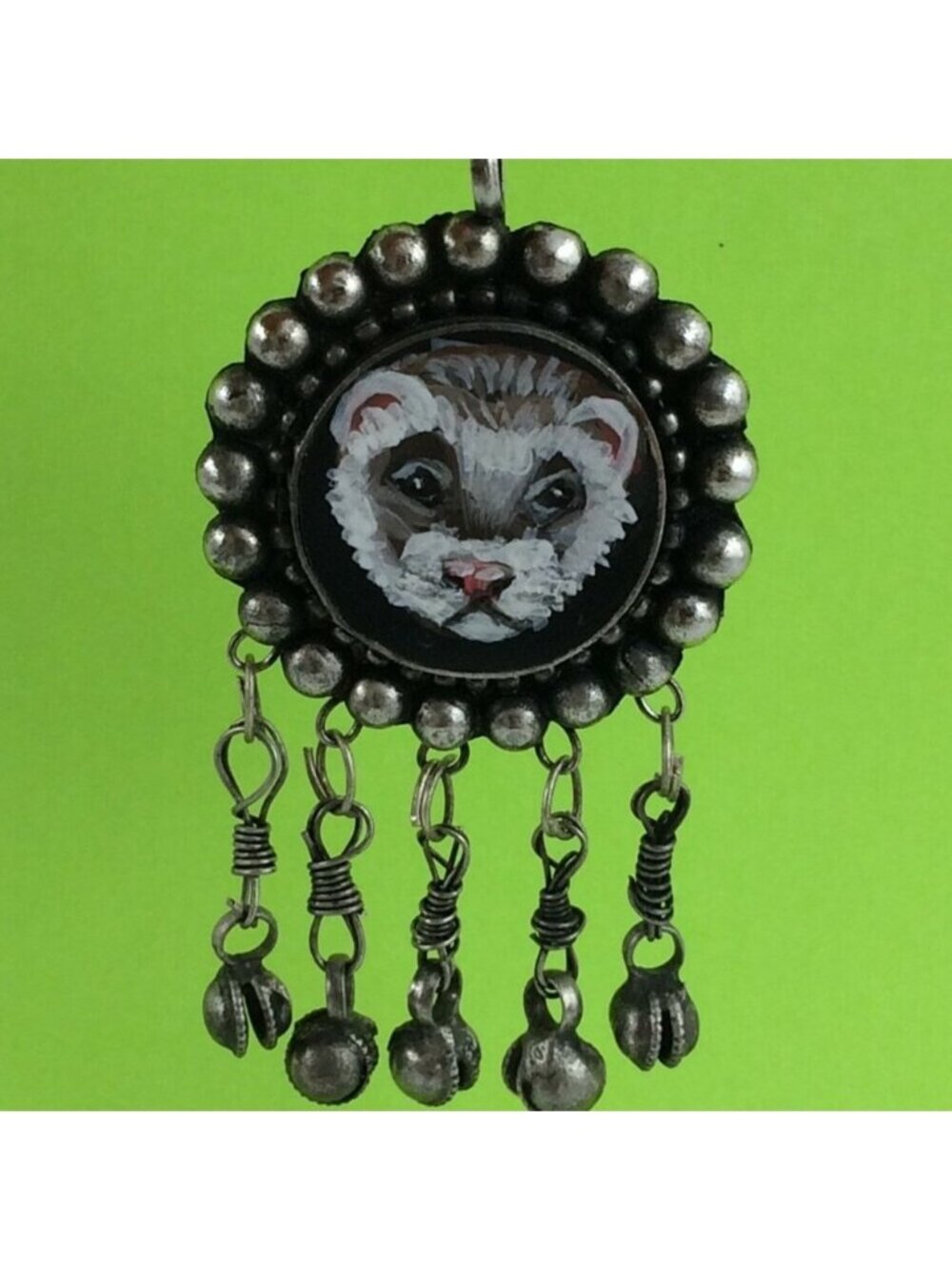 Handpainted Ferret Pendant Silvertone Metal Long Pet Artisan Danglers Polecat